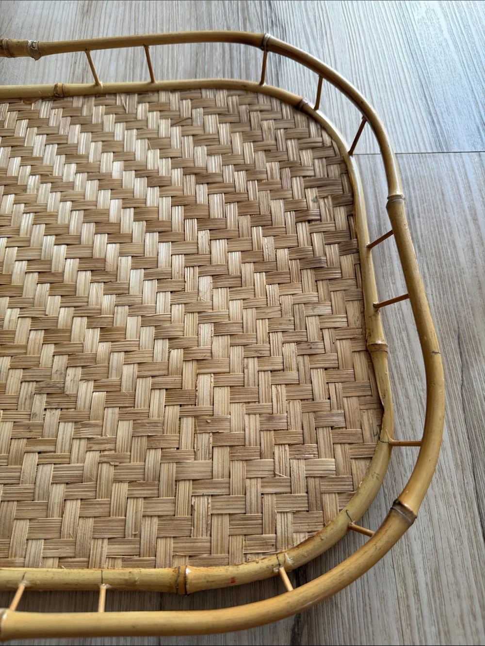Vintage Woven Rattan Bamboo Serving Tray Rectangular Boho Coastal Farmhouse Deco